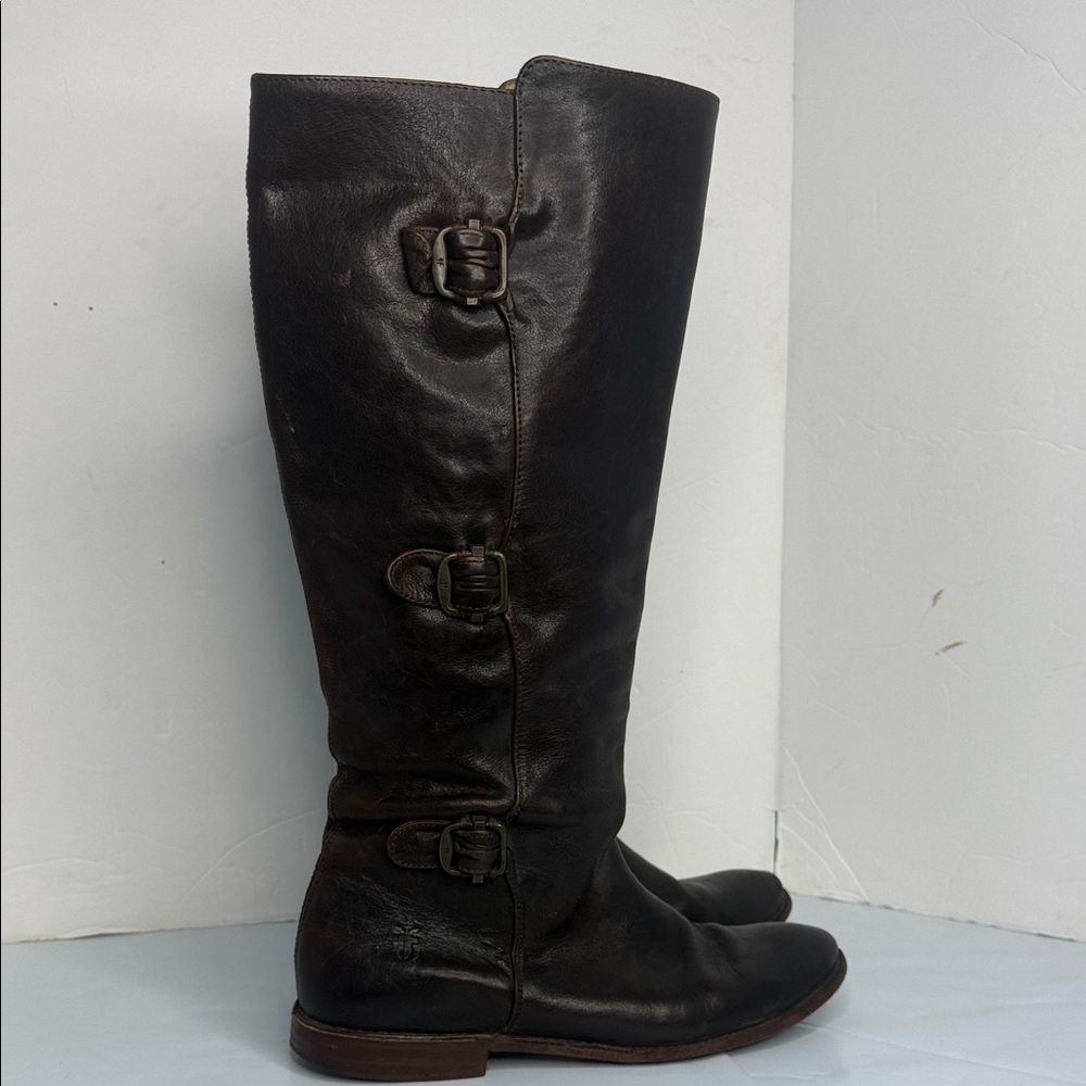 FRYE 77066 Paige Tall 3-Buckle Leather Brown Knee High Boots Womens Size 7.5 B - Picture 4 of 11